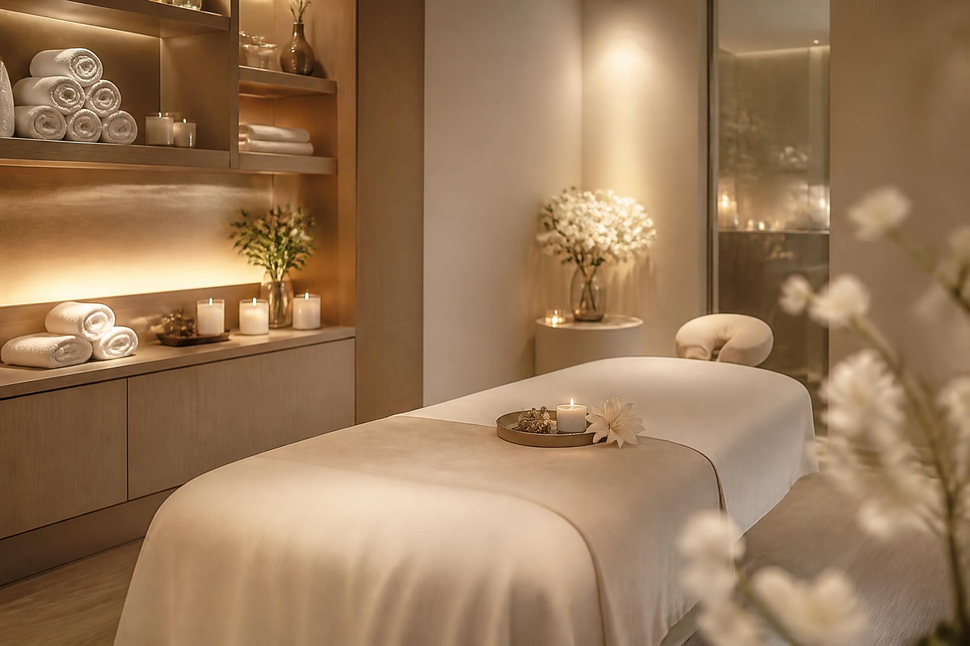 Warm ivory and timber spa treatment room with soft natural light
